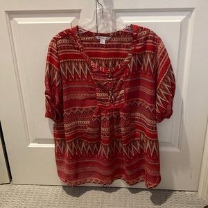 Khakis and co semi sheer red and turquoise Aztec print tunic